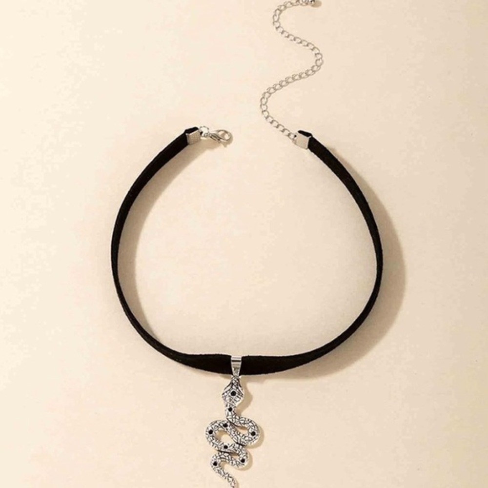 Black Choker Necklace with Silver Snake Pendant